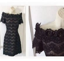 Scaasi Black Vintage Dress - Macrame Lace/Silk Off-Shoulder 1980'S Vintage Black Dress By SCAASI Boutique For Saks Fifth Avenue Size 2 To 4.