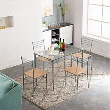 5 Piece Dining Table And Chair Set, Iron Kitchen Table With 4 Chairs, Dining Room Table Sets, Heavy-Duty Tempered Glass Table & Wooden Seat, Breakfast