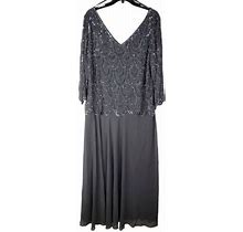 J Kara Womens 16W Gray Sequin Scalloped Edge 3/4 Sleeve Floral Dress