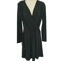 Boston Proper Faux Wrap Dress Size 6 Black Long Sleeve V-Neck Tassel Tie Waist