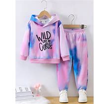 2Pcs/Set Youth Girls' Imitation Tie-Dye Color Velvet Hoodie And Pants Set For Autumn/Winter,5Y