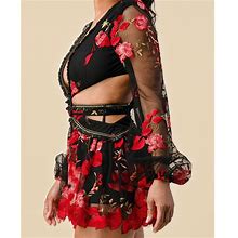 Women's Embroidered Dress - Black Embroidered Red Floral Party Romper