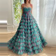Lowime Green Dress Spaghetti Straps Pleated Bodice With Tiered Tulle Prom Dress