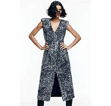 H&M Sequined Slit-Hem Midi Dress Shoulder Pads Black Sz M And L
