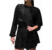 Quyuon Denim Dresses For Women 2023 Clearance Sequin Embroidery Solid Color Lace-Up To Show Thin Long Sleeve Crew Neck Dress Long Maxi Dresses Women M