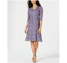 R&M Richards Womens Purple Lace Glitter 3/4 Sleeve Scoop Neck Above The Knee Party Blouson Dress 18