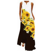 Yubnlvae Dresses For Women Sleeveless Print V-Neck Maxi Dress Summer Party Cami Dress With Pockets - Yellow L