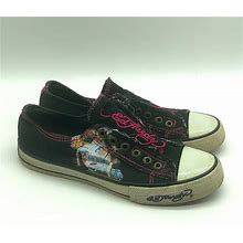 Ed Hardy Shoes | Ed Hardy Laces Shoes Women's 8 Geisha Y2k Black Slip On Canvas Vintage Sneakers | Color: Black/Pink | Size: 8