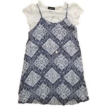 Girls Navy Blue & White Lace Top & Floral Dress W/ Matching Necklace Outfit 12