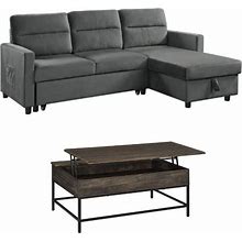 Home Square 2-Piece Set With Velvet Reversible Sleeper Sofa And Coffee Table, Gray, Sectional Sofas