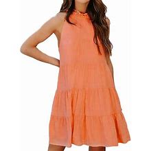 Simu Dresses For Women 2024 Casual Ladies Spring And Summer Selling Loose Swing Solid Color Mini Ruffle Dress.Plus Size Dress For Women Orange XL