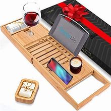 Serenelife Bamboo Bathtub Caddy With Luxury Gift Box And Red Gifting Ribbon