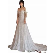 TQWISE White Evening Dress Beaded Shoulder Evening Dress Long Luxurious Party Dress Women's Evening Sparkling Wedding Dress (Color : White, Size : 12