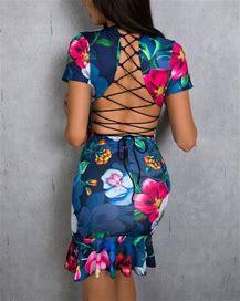 Floral Print Ruffles Lace-Up Backless Dress Multicolor L By Chicme