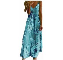 Plus Size Dresses Camisole V-Neck Print Maxi Tank Long Dress Fashion Casual Sleeveless Blue Dress M