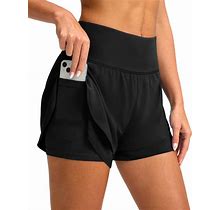SANTINY Women's 2 in 1 Running Shorts With Pockets 3" High Waisted Exercise Workout Athletic Shorts For Women With Liner