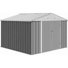10x8 ft Metal Outdoor Storage Shed, Steel Utility Tool Shed Storage House With Lockable Door Design - Grey