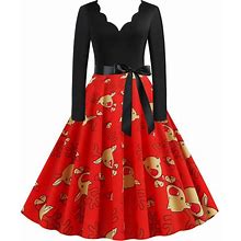 Women's Big Swing Vintage A-Line Print Chritstmas Party Dress | V-Neck Sexy New Year Party Long Sleeve Dress For Fall/Winter, Red Deer / M