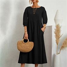 Womens 3/4 Sleeve Cotton Linen Long Dress Ladies Casual Loose Pocket Solid Dress