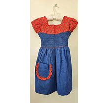 Vintage 1960S Girls Dress - Handmade Smocked Chambray Red White Blue Floral Heart Dress Button Back Tie Dress Pocket Size 7 Cottagecore