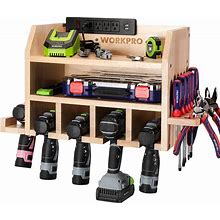 WORKPRO Power Tool Organizer, Cordless Drill Holder Storage Wall Mount With 5 Drill Hanging Slots, Screwdriver Rack, Solid Wooden Tool Storage For