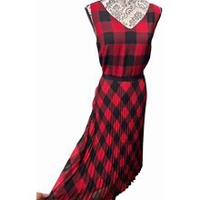 Talbots Womens Large Red/Black Check Sleeveless Pleated Chiffon Dress
