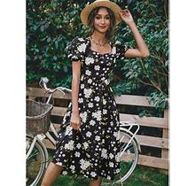 Square Neck Double Tie Back Puff Sleeve Floral Print Dress For Women