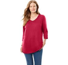 Plus Size Women's Perfect Three-Quarter Sleeve V-Neck Tee By Woman Within In Classic Red (Size 2X) Shirt