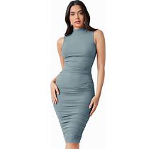 Floerns Women's Solid Sleeveless Mock Neck Knee Length Ruched Bodycon Dress