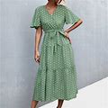 Qazxd Womens Dresses Halter Polka Dots Short Sleeve Dress Mid-Length Fit & Flare Dresses Green S