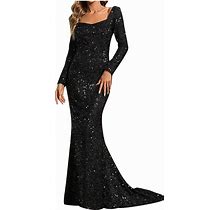 Uillui Long Evening Gown For Women Formal Shimmer Sequin Evening Dress Fashion Flare Sleeve Square Neck Glitter Sparkle Dress