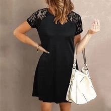 Honeeladyy Dress Party Beach Dresses On Clearance Fashion Women Summer Lace Patchwork Casual O-Neck Solid Short Sleeve Dress