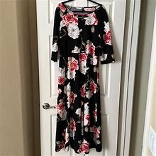 Shein Dresses | Shein Black And Rose Floral Long Dress | Color: Black/Red | Size: 2X