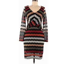 Lily Casual Dress - Sheath V Neck Long Sleeves: Brown Chevron Dresses - Women's Size Medium