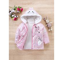 Young Girl Rabbit Print 3D Ears Design Hooded Winter Coat Without Sweater,7Y