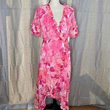 Kensie Dresses | Kensie Floral Ruffled High Low Midi Wrap Dress | Color: Pink/White | Size: 10
