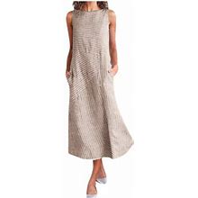 Gaqlive Casual Neck Dress Striped Long Print Pocket Women Sleeveless Women's Dress Casual Dress L