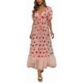 Embroidered Cherry Pattern Sequin Puff Sleeve Mesh Patchwork Dress