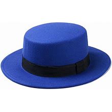 ASTRQLE Classic Style Wool Blend Fedora Fashion Hat Elegant Flat Bowler Hats Brim Church Derby Cap (Blue)