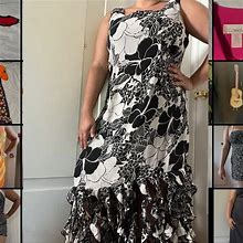 Dress-U-Ii By Sharon Dresses | Vintage 90S Dress-U-Ii By Sharon Floral Maxi Dress With Asymmetrical Ruffle Hem | Color: Black/Cream | Size: 16