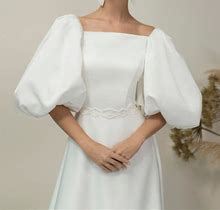 Puff Sleeve Square Neckline Atlas Modest Simple Wedding Dress With Beaded Belt And Train