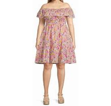 Terra & Sky Women's Plus Size Pink Ditsy Floral Off The Shoulder Dress