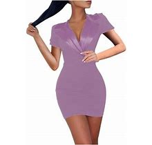 Summer Dress For Women Sexy Lapel Deep V Neck Solid Color Bodycon Dress Short Sleeve Evening Party Mini Pencil Dress (Small, Purple)