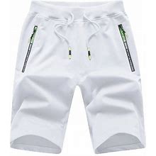 Tyhengta Mens Shorts Casual Sports Drawstring Zipper Pockets Elastic Waist White 38