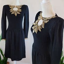 Vintage Dresses | Hp Vtg 80S Lillie Rubin Wool + Sequin Dress | Color: Black/Gold | Size: S