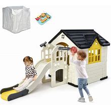 Costzon Kids Playhouse And Slide Set, 7 in 1 Outdoor Cottage Pretend Playhouse With Working Doors And Windows, Picnic Table, Toy Set & Tray,