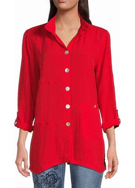 John Mark Solid Woven Wire Collar Long Roll-Tab Sleeve Diamond Cut Button Front Tunic, Womens, L, Red