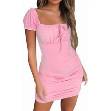 Ichuanyi Clearance Summer Dresses Women Summer Solid Square Neck Short Sleeve Lace Up Ruched Bodycon Mini Dress