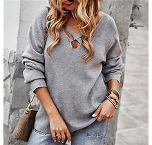 Women's Solid Color Casual Knit Sweater, Gray / L