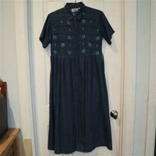 T&R Denims Chambray Denim Floral Embroidered Long Maxi Button Up Dress